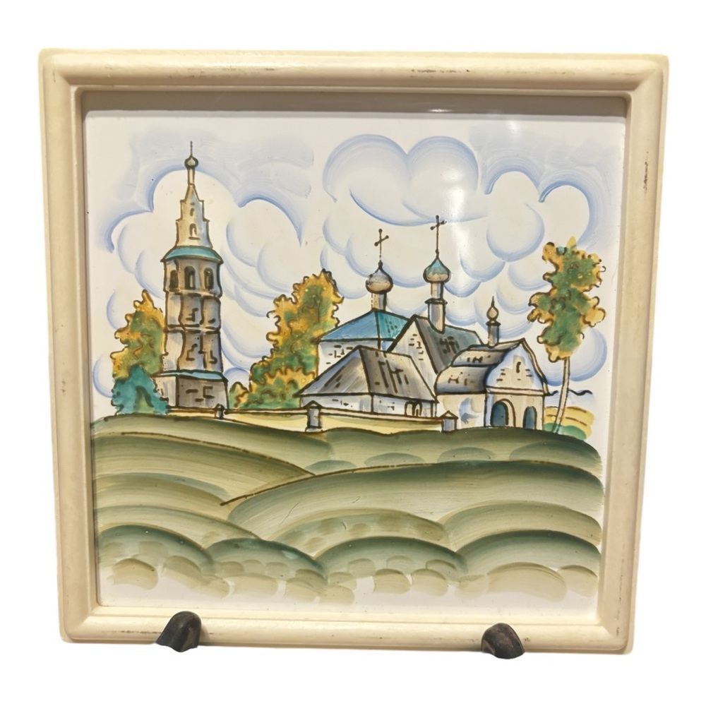 Russian (FINIFT) Hand-Painted Ceramic Tile Panel Folk Art from 80’s